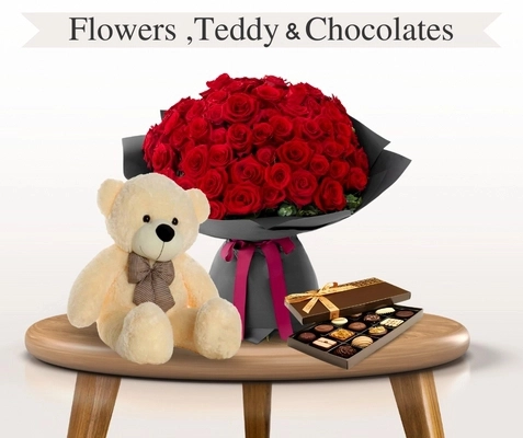Flowers,Teddy and Cake