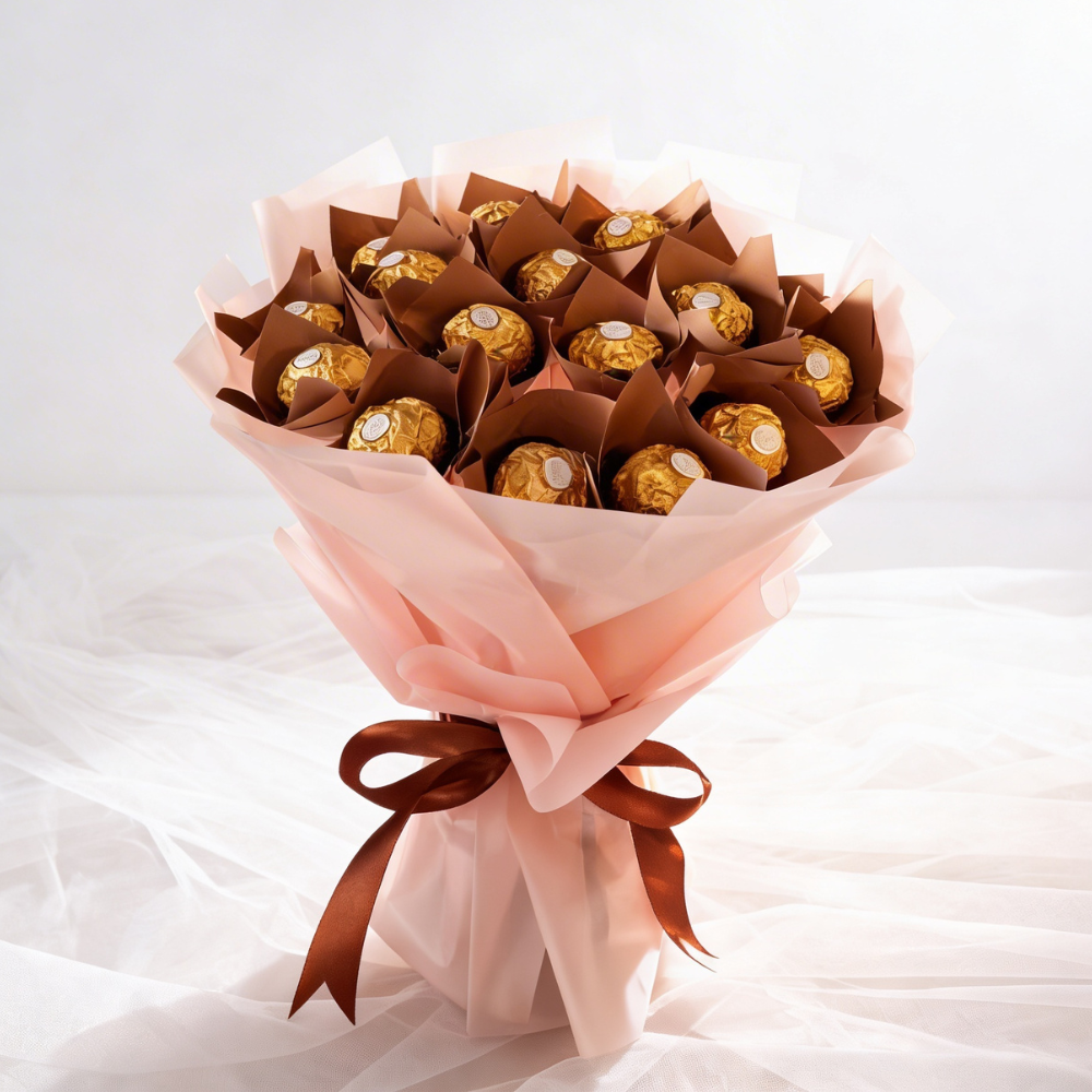 Chocolate Bouquet Ideas featuring a bouquet of Ferrero Rocher chocolates wrapped in soft pink paper with a brown ribbon